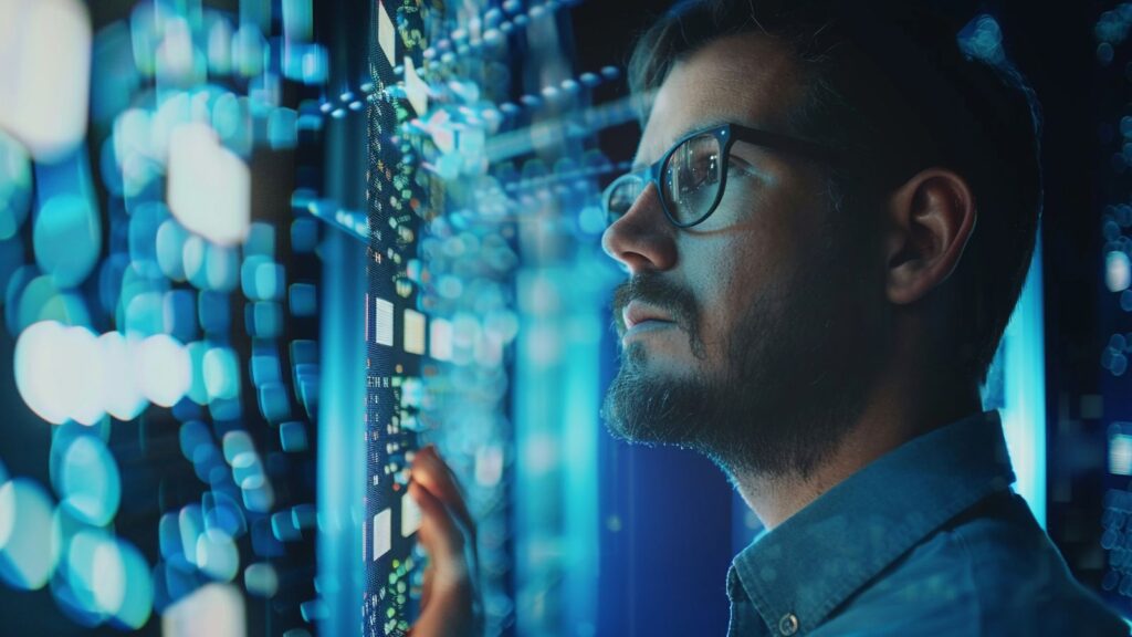 IT professional analyzing a high-tech digital interface in a data center, symbolizing digital transformation and technology upgrades in modern business operations.