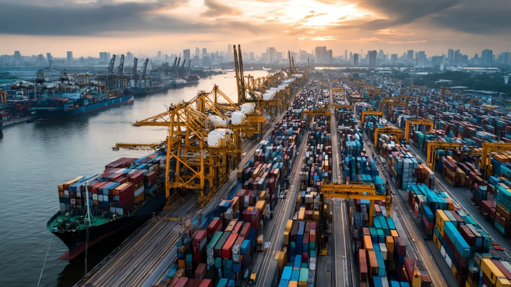 Aerial view of a busy container port with yellow gantry cranes loading a cargo ship; long rows of multicolored containers stretch toward a city skyline at sunset, illustrating global logistics and supply chain operations.