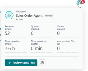 Microsoft Business Central Sales Order Agent preview dashboard showing received emails, time saved on emails, quotes and orders created, tax amount, and a “Review tasks” button with active task notifications.