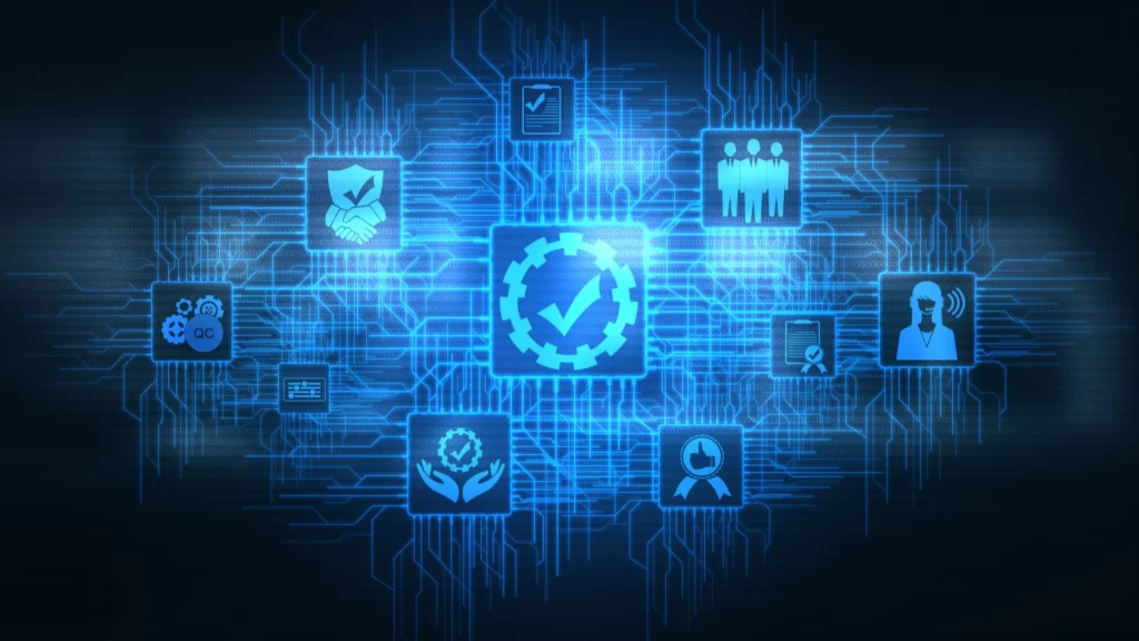 Quality management system concept illustrated by a central approval checkmark connected to digital icons for compliance, audits, QC, workforce, and process optimization in a modern ERP environment.